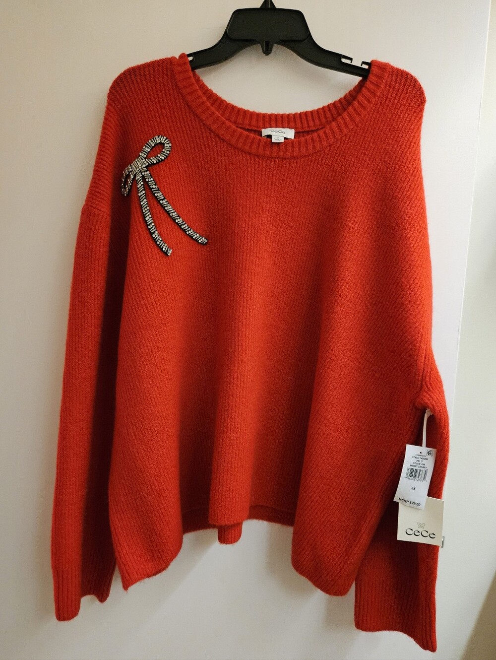 CeCe Red Rhinestone Bow Embellished Crewneck Sweater Womens NWT Size 3X